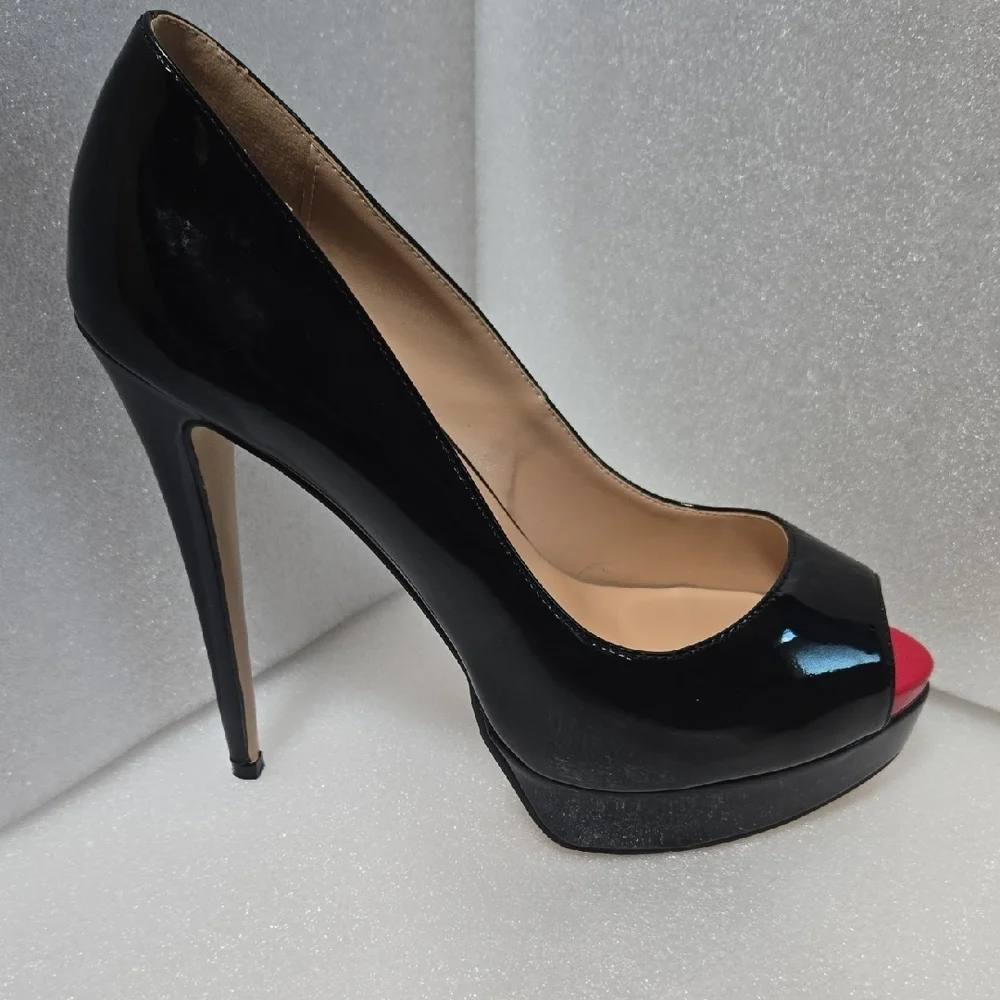 Marumote 6" SHINEY BLACK STILETTOS W/ RED PEEP VALENTINE'S  DIVA 9.5 - Picture 12 of 17